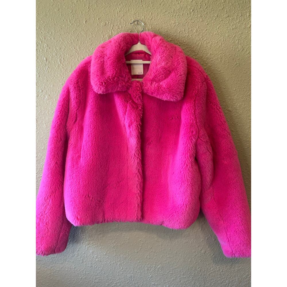 SO Women’s Large Hot Pink Faux Fur Cropped Jacket Plush Shaggy Coat Barbiecore